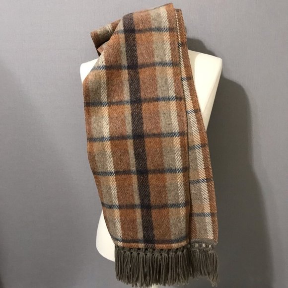 Brown Tan Taupe Plaid Wool Scarf - Picture 6 of 8